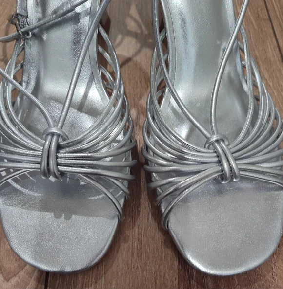 Anthropologie Silver Strappy Sandal Heels - Picture 3 of 11